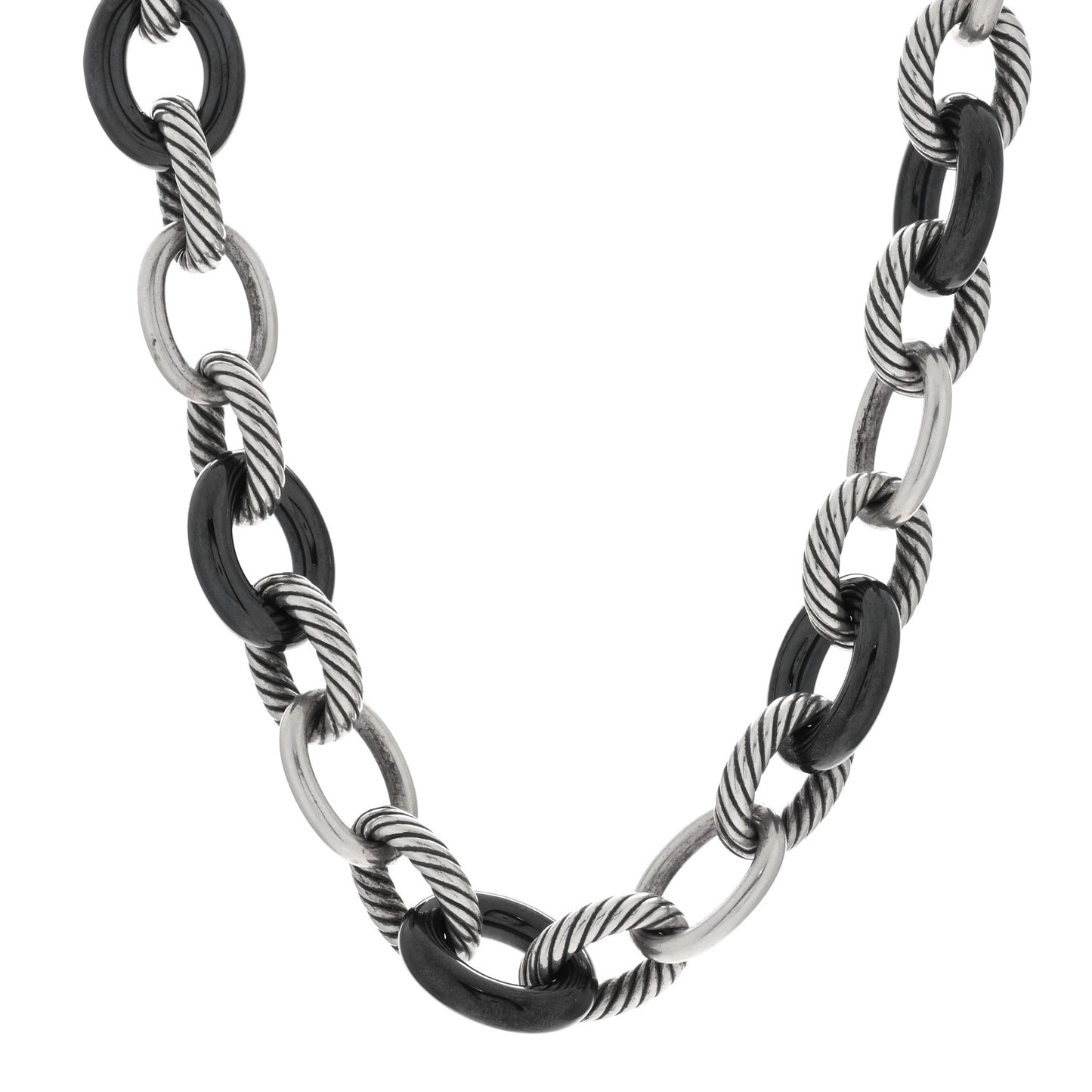 Sterling Silver Black Ceramic 18mm Large Oval Link Necklace Black