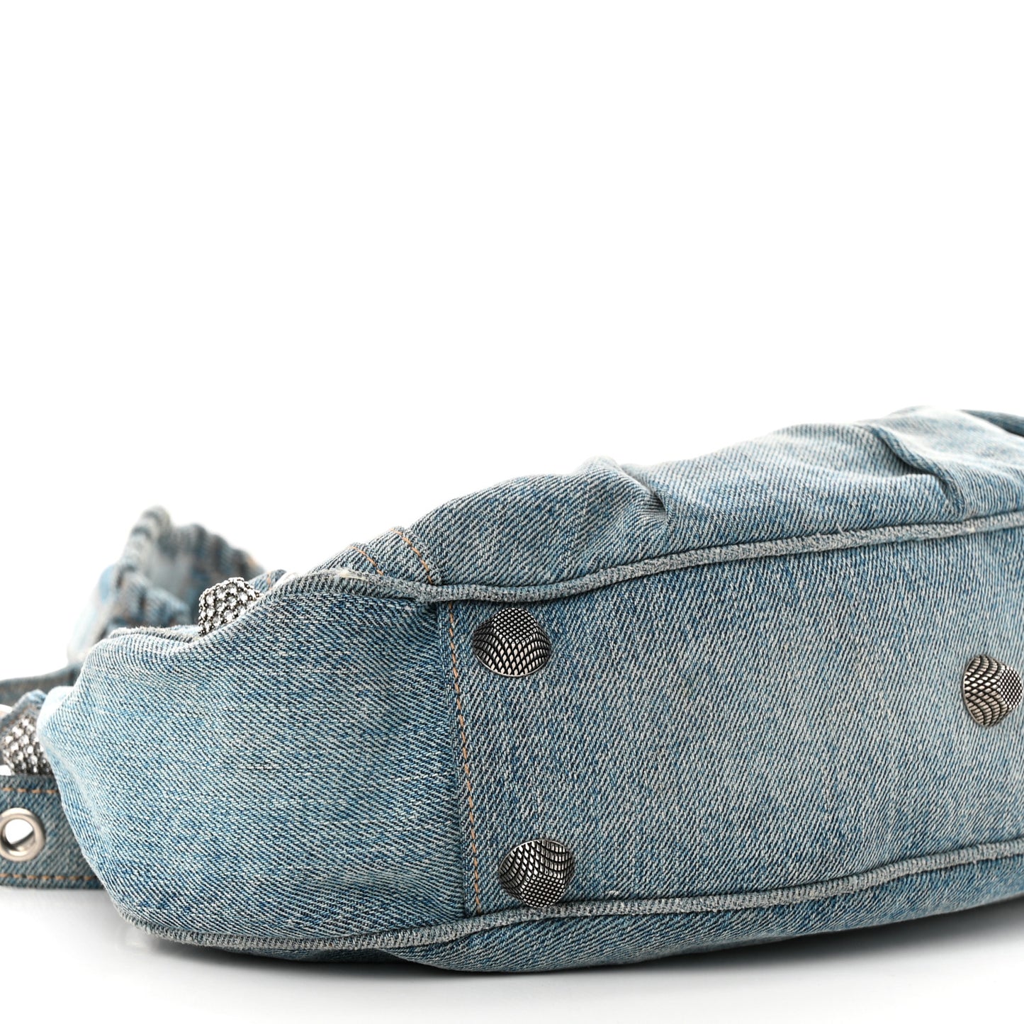 Washed Frayed Denim Crystal Small Le Cagole Shoulder Bag Blue