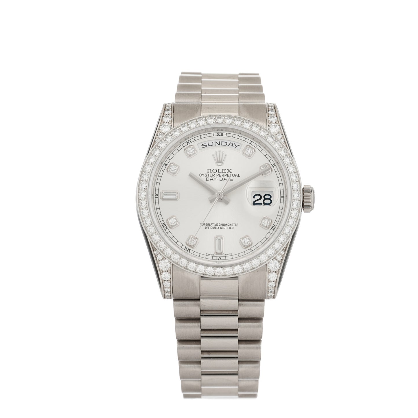 18K White Gold Diamond Bezel 36mm Oyster Perpetual Day-Date President Watch Silver 118389