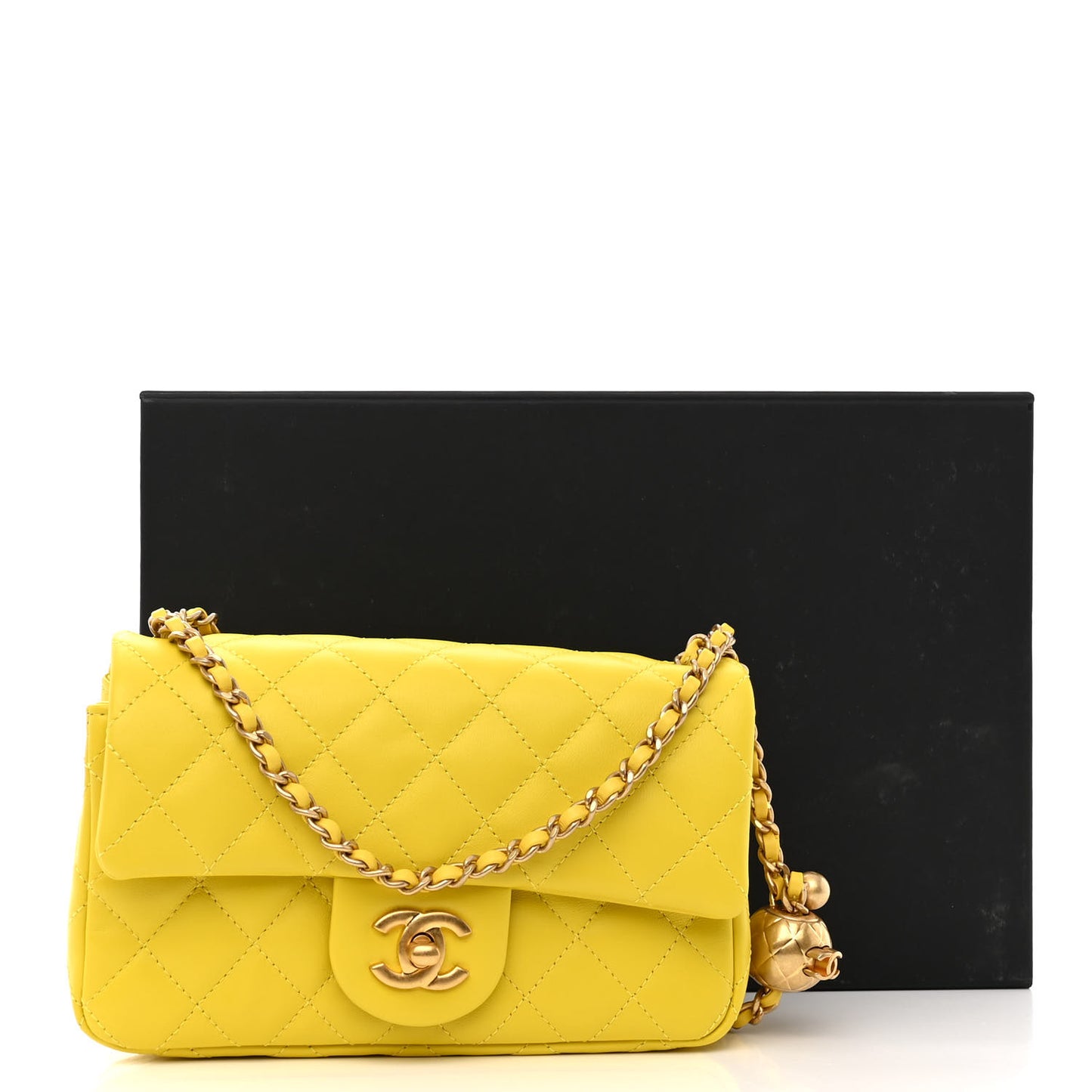 Lambskin Quilted Mini Rectangular Pearl Crush Flap Yellow