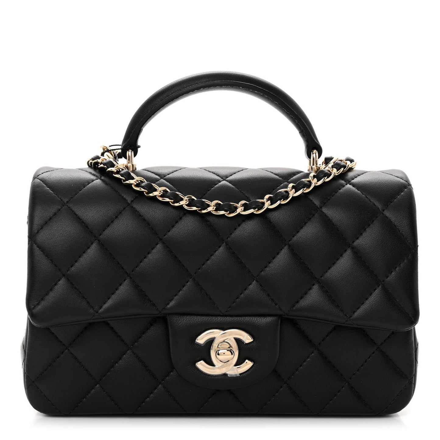 Lambskin Quilted Mini Top Handle Rectangular Flap Black