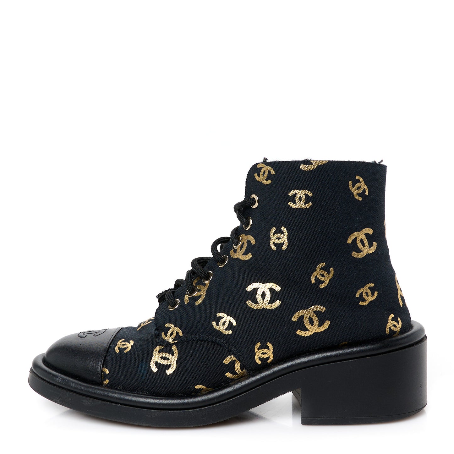 Lambskin Shearling Canvas CC Lace Up Boots 38.5 Black Gold