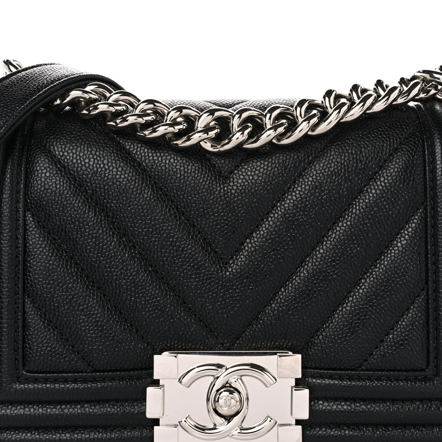 Caviar Chevron Quilted Small Boy Flap Black