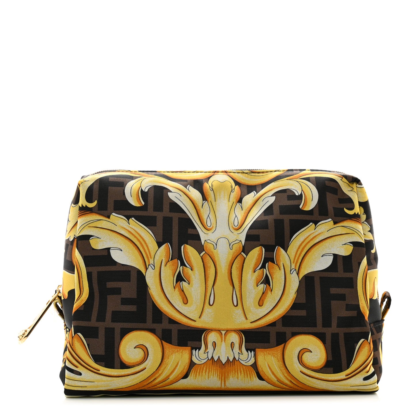 X VERSACE Nylon Fendace FF Baroque Print Medium Trapezoid Beauty Pouch Gold