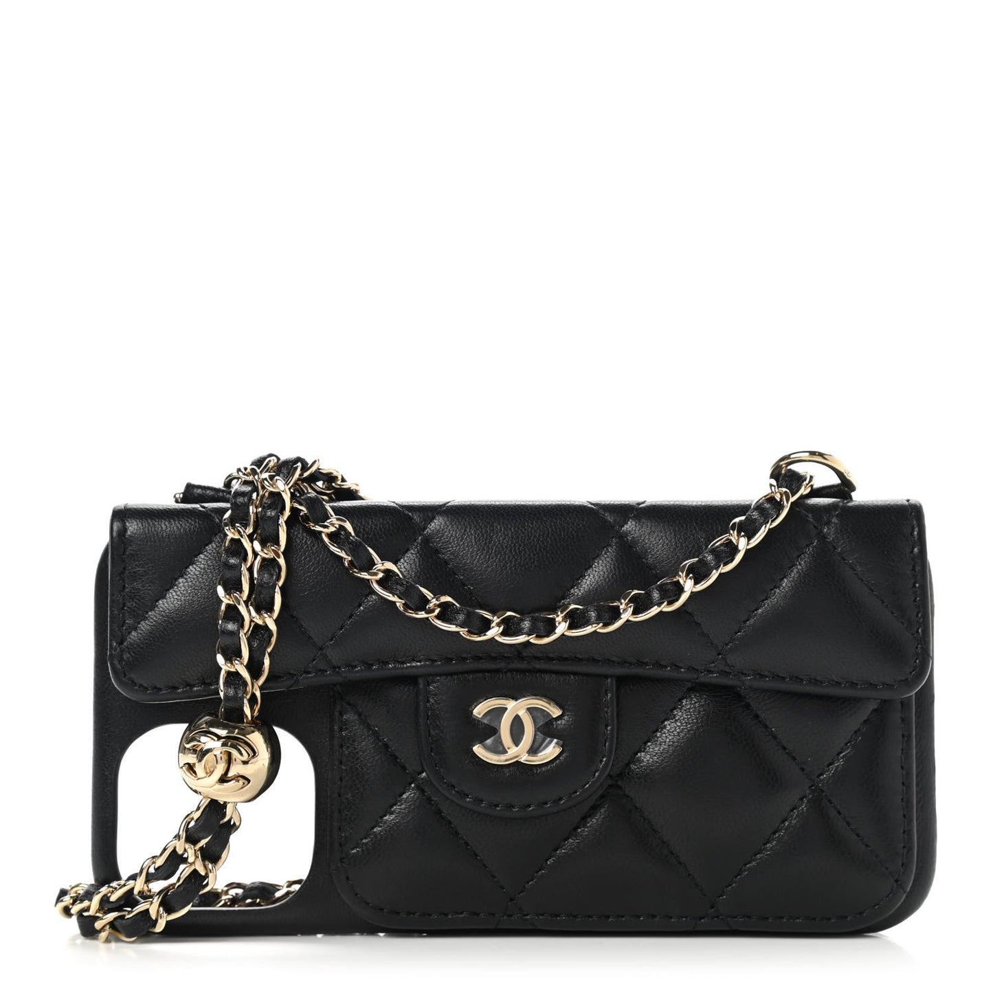 Lambskin Quilted Pearl Crush iPhone XII Pro Holder With Chain Black