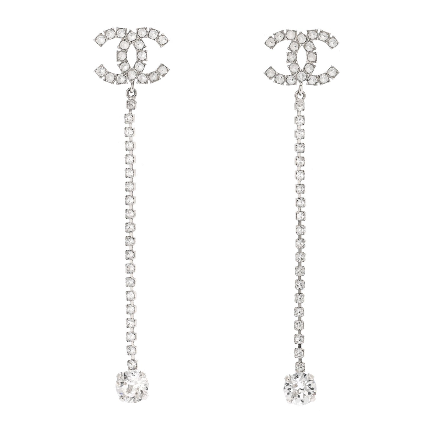 Metal Baguette Round Crystal CC Drop Long Earrings Silver