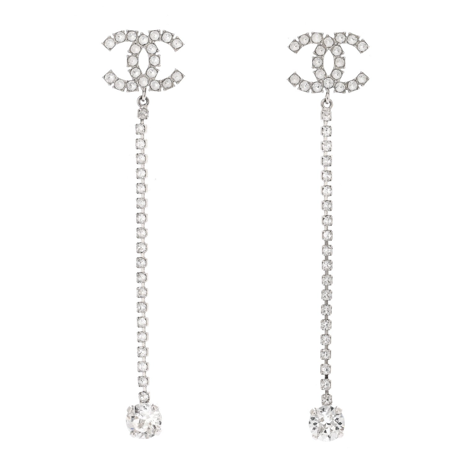 Chanel Metal Baguette Round Crystal CC Drop Long Earrings Silver 1 of 4