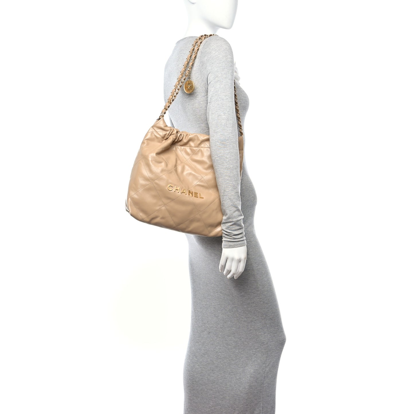 Shiny Calfskin Quilted Small Chanel 22 Beige