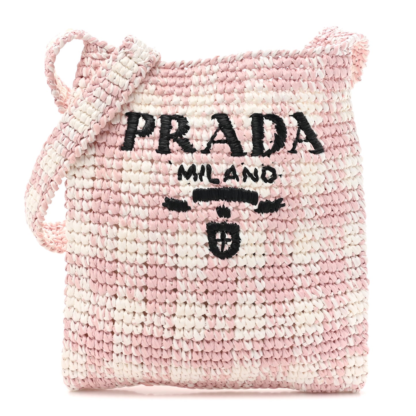 Yarn Raffia Effect Crochet Embroidered Logo Tote Messenger Bag Pink