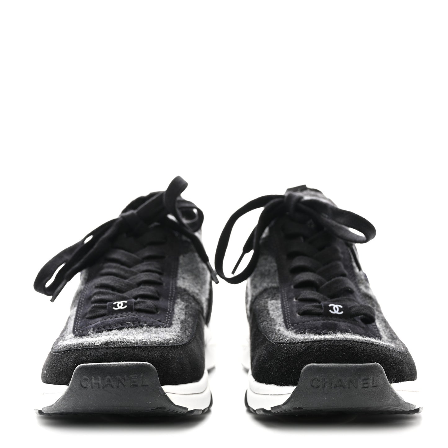 Knit Fabric Suede Calfskin Womens CC Sneakers 36.5 Grey Black