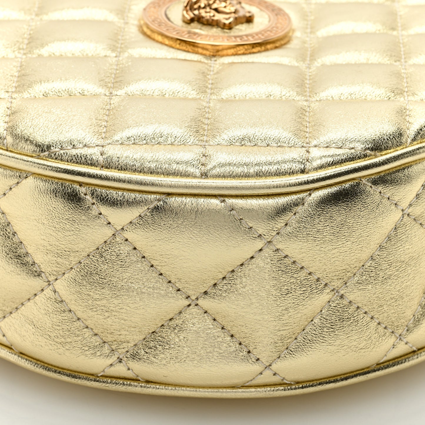 Metallic Nappa Quilted La Medusa Round Camera Bag Gold