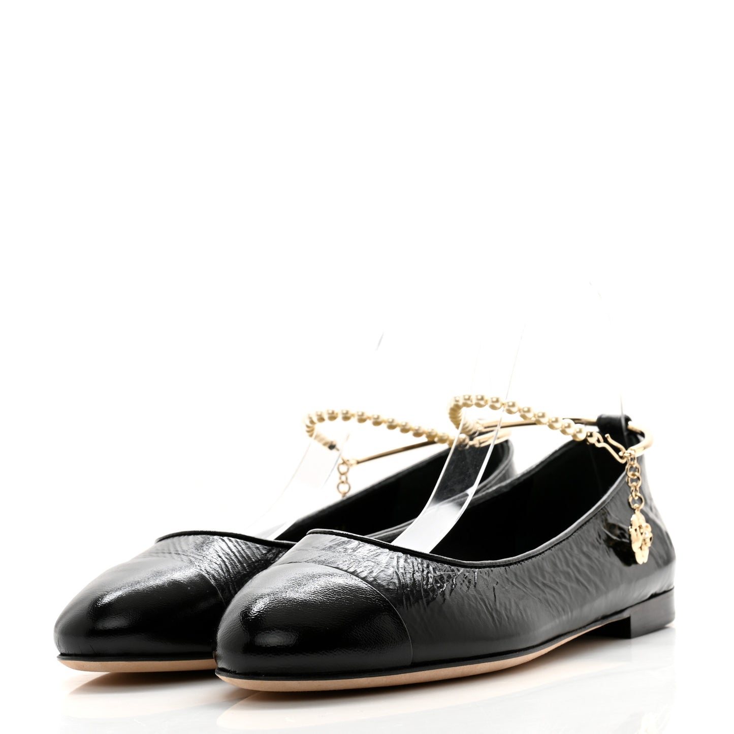 Shiny Lambskin Pearl Cap Toe Ankle Chain Ballerina Flats 39 Black
