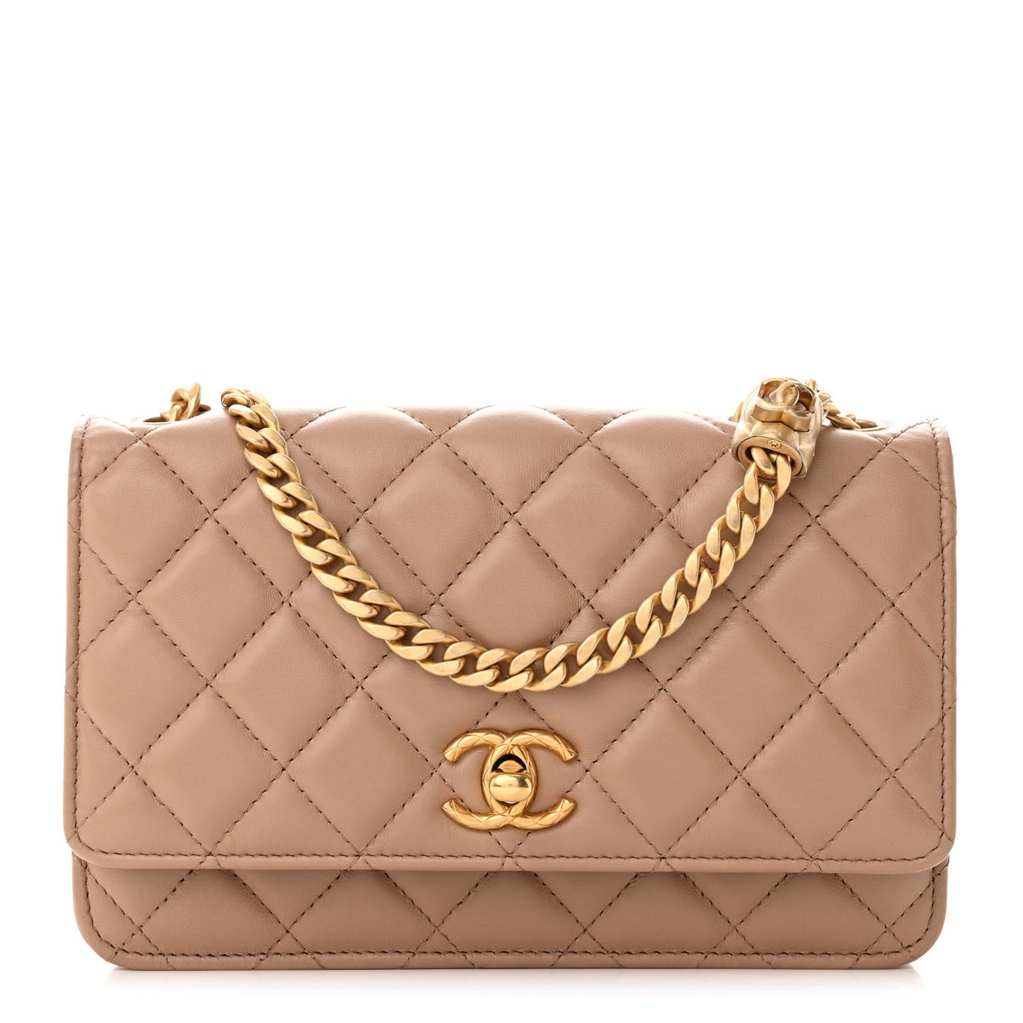 Lambskin Quilted Pillow Crush Wallet On Chain WOC Dark Beige