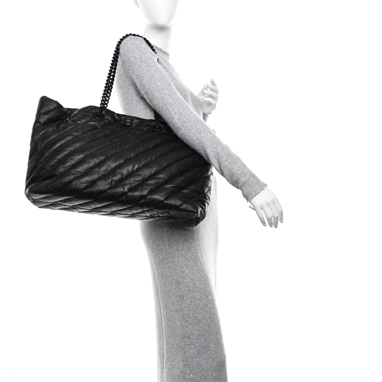 Crushed Calfskin Quilted Matte Black Hardware Large Crush Carry All Tote Bag Black