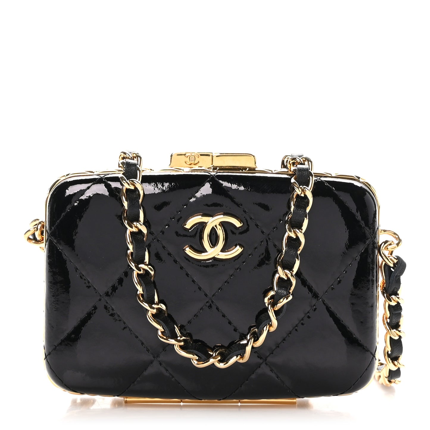 Glazed Goatskin Quilted Small Box With Chain Black