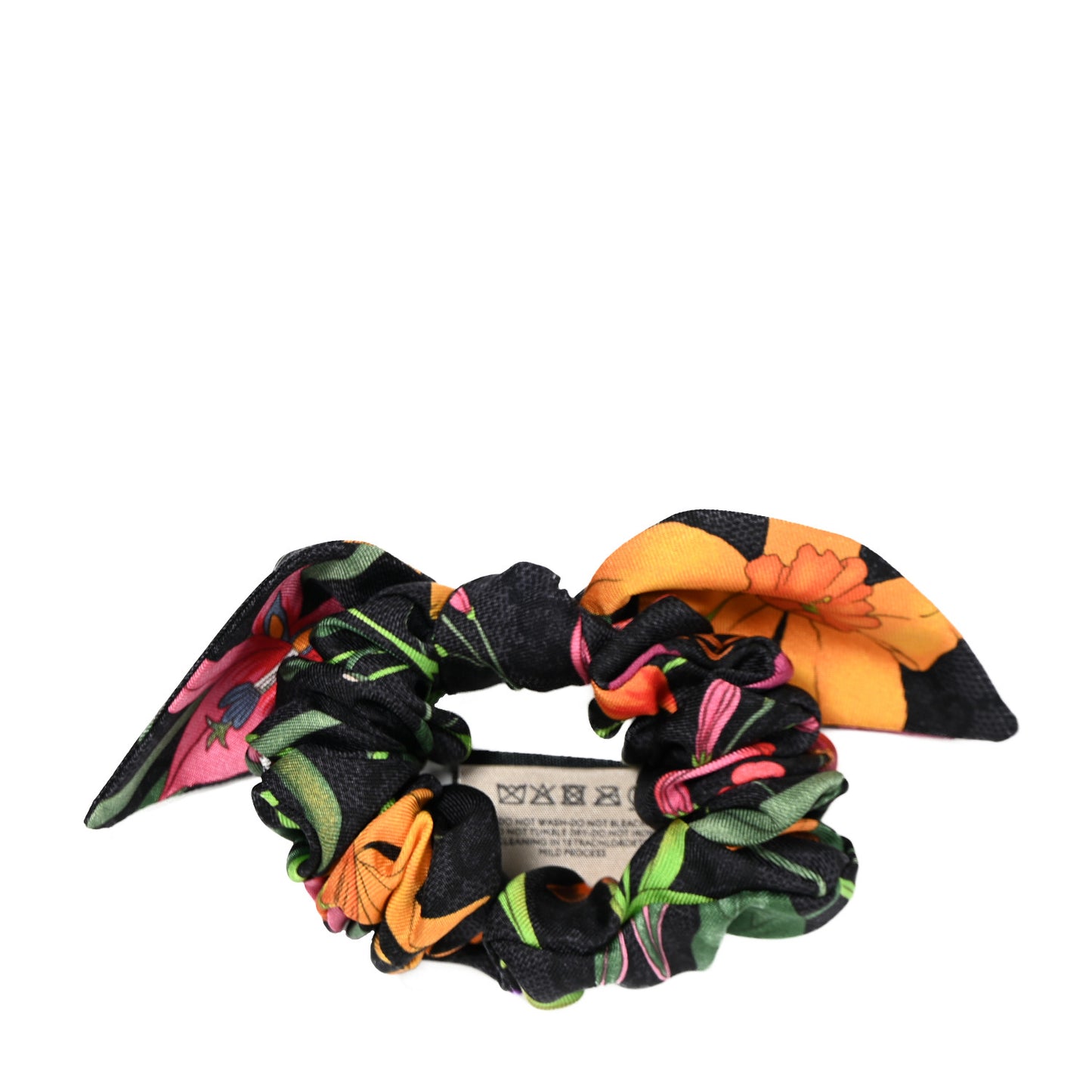 Silk Monogram Flora Print Scrunchie Hair Tie Black Multicolor