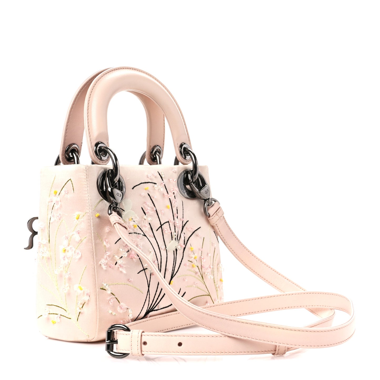 Satin Beaded Floral Embroidered Mini Lady Dior Pink