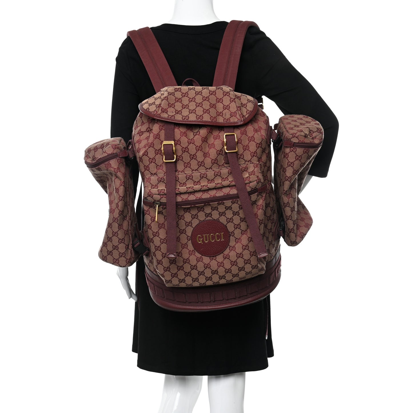 GG Monogram Script Logo Large Double Pocket Backpack Sahara Rubino Bordeaux