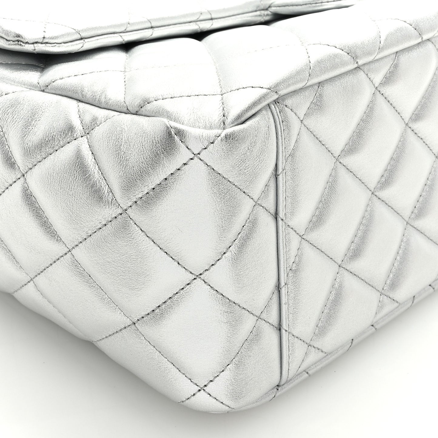 Metallic Lambskin Quilted XXL Travel Flap Bag Silver