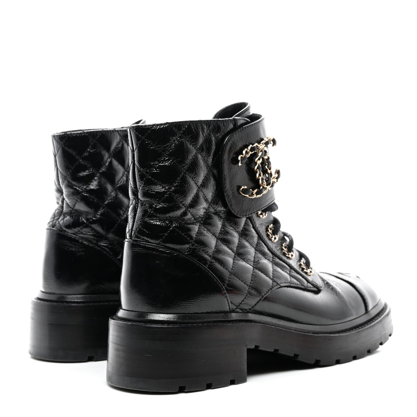 Shiny Goatskin Calfskin Quilted Lace Up Combat Boots 37 Black