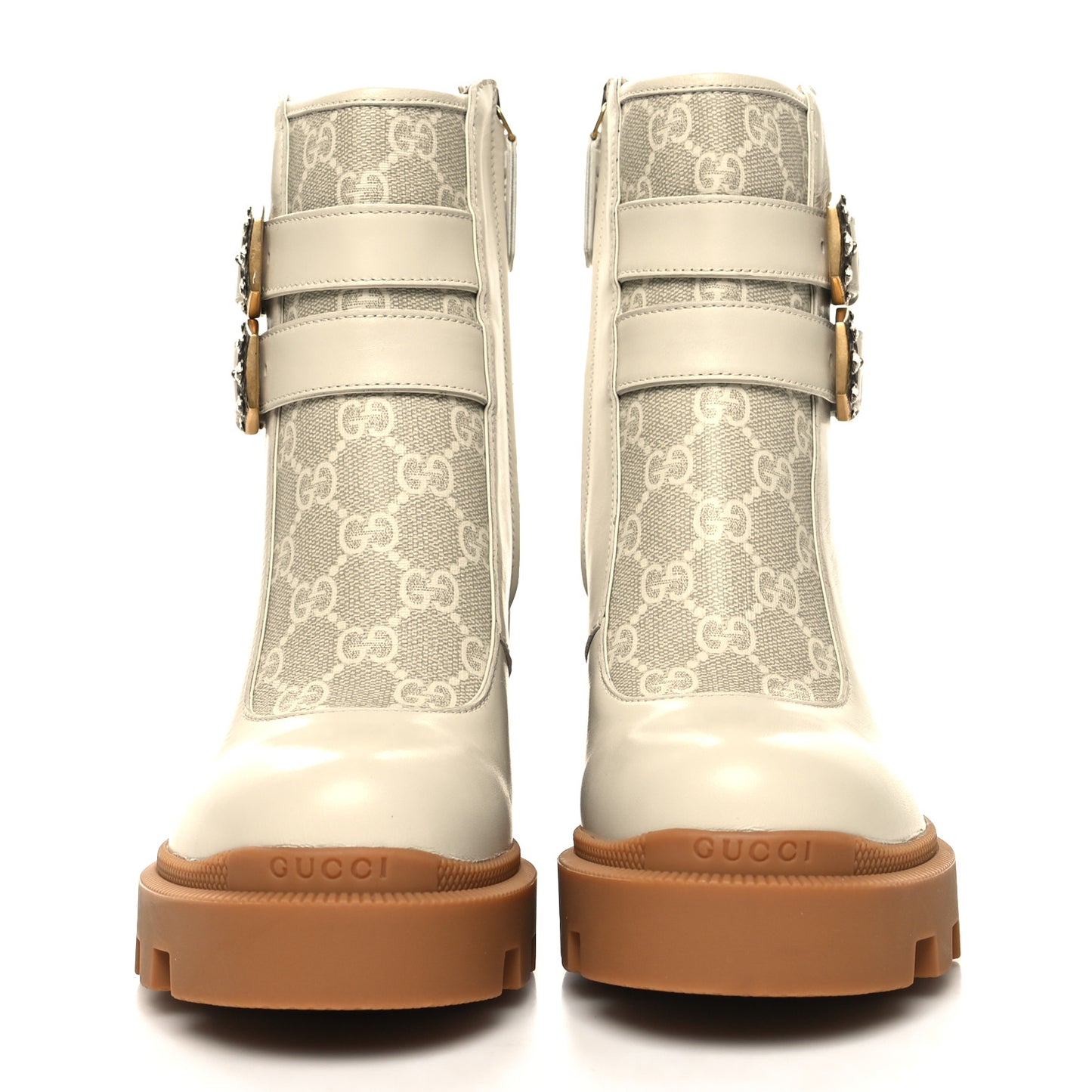 Kensington Calfskin Nappa GG Supreme Monogram Womens Double Buckle Ankle Boots 35.5 Mystic White Beige
