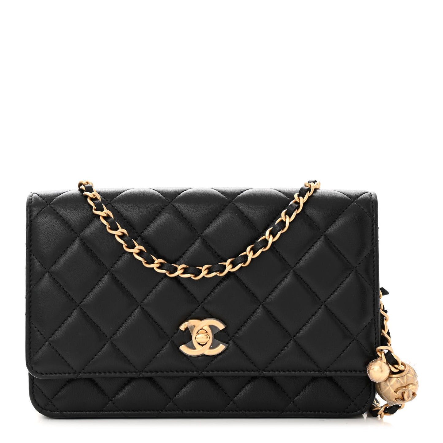 Lambskin Quilted CC Pearl Crush Wallet on Chain WOC Black