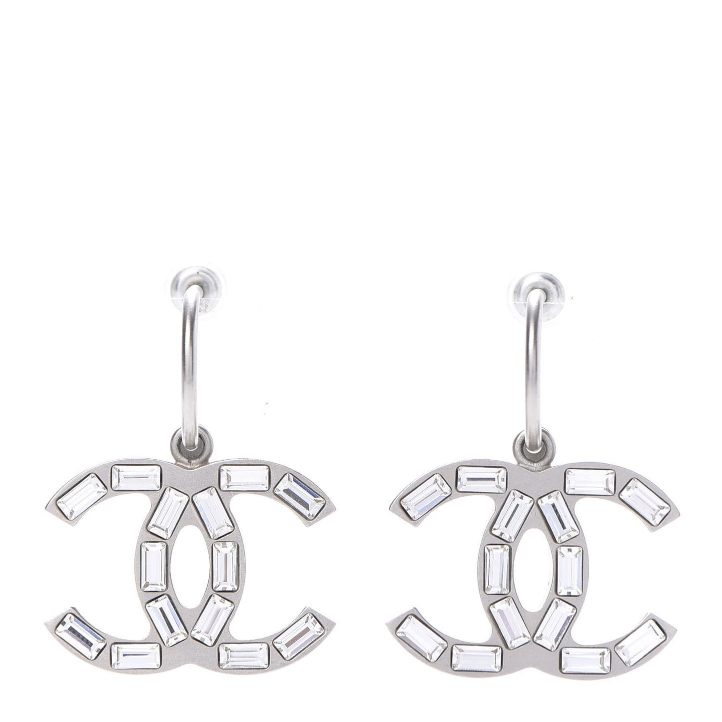 Baguette Crystal CC Dangle Earrings Silver