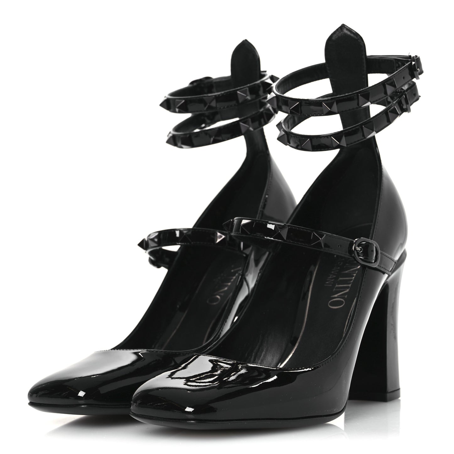 Patent Monochrome Rockstud Tan-Go Ankle Strap Pumps 37 Black