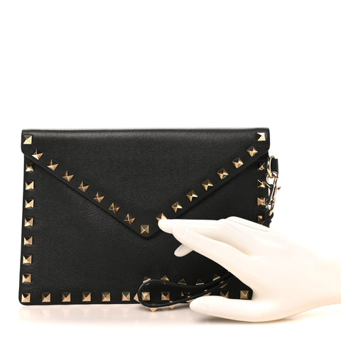 Vitello Medium Rockstud Envelope Flat Wristlet Pouch Black