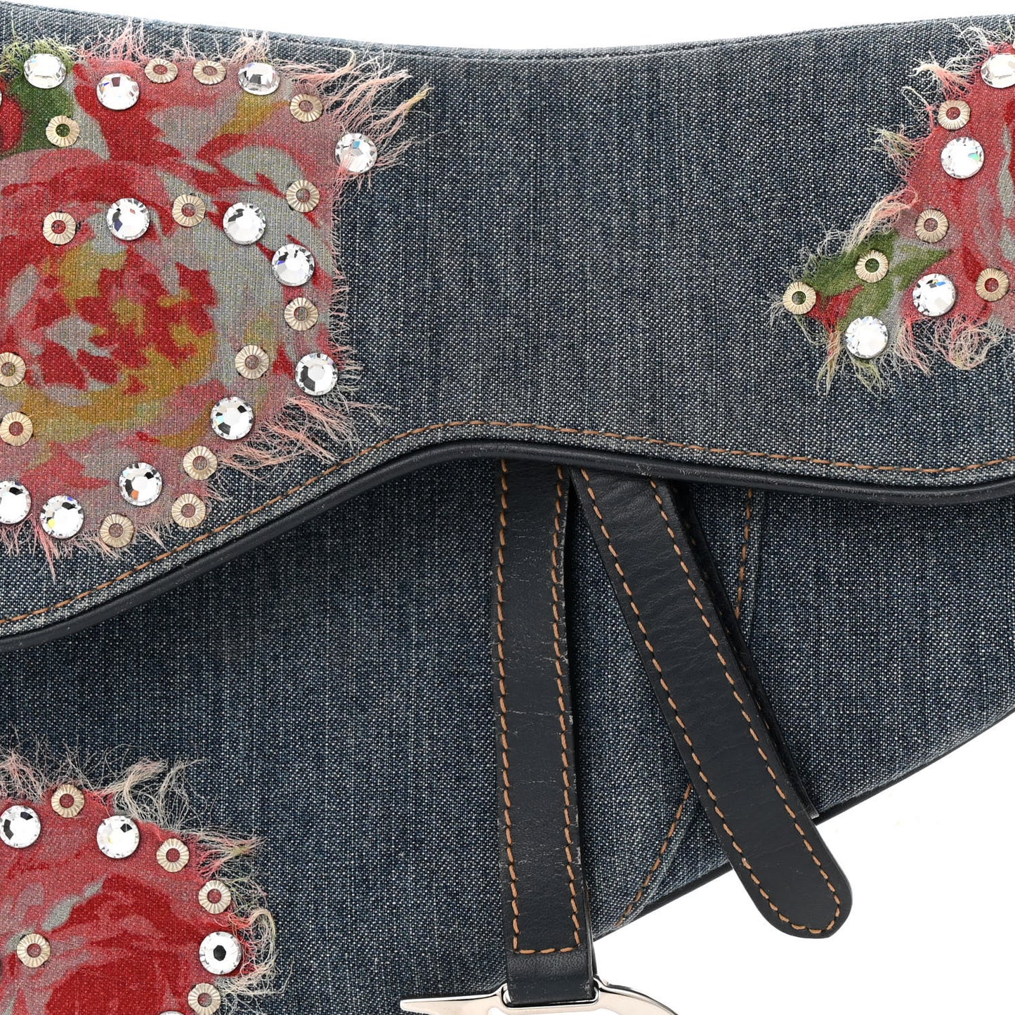 Denim Crystal Floral Embroidered Saddle Bag Multicolor