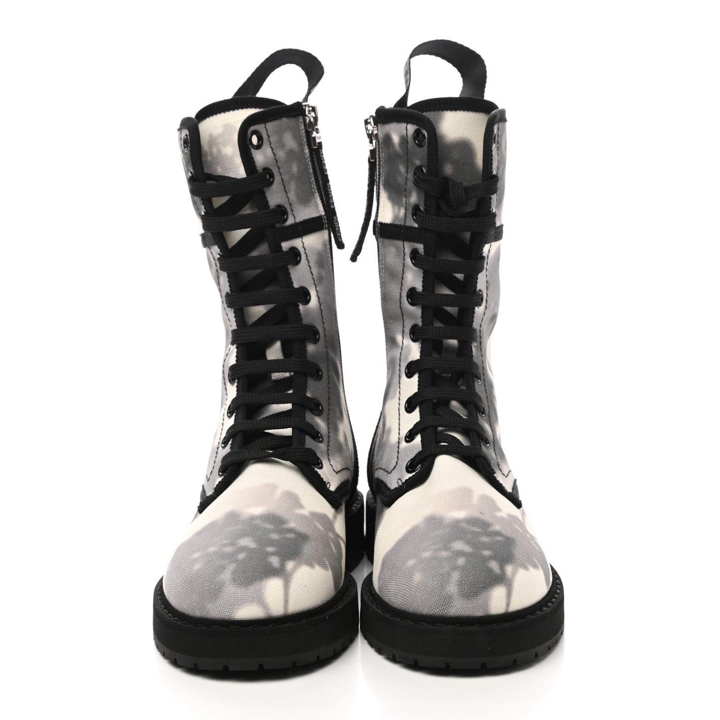 Canvas Floral Print Logo Bi-Color Womens Biker Boots White Black