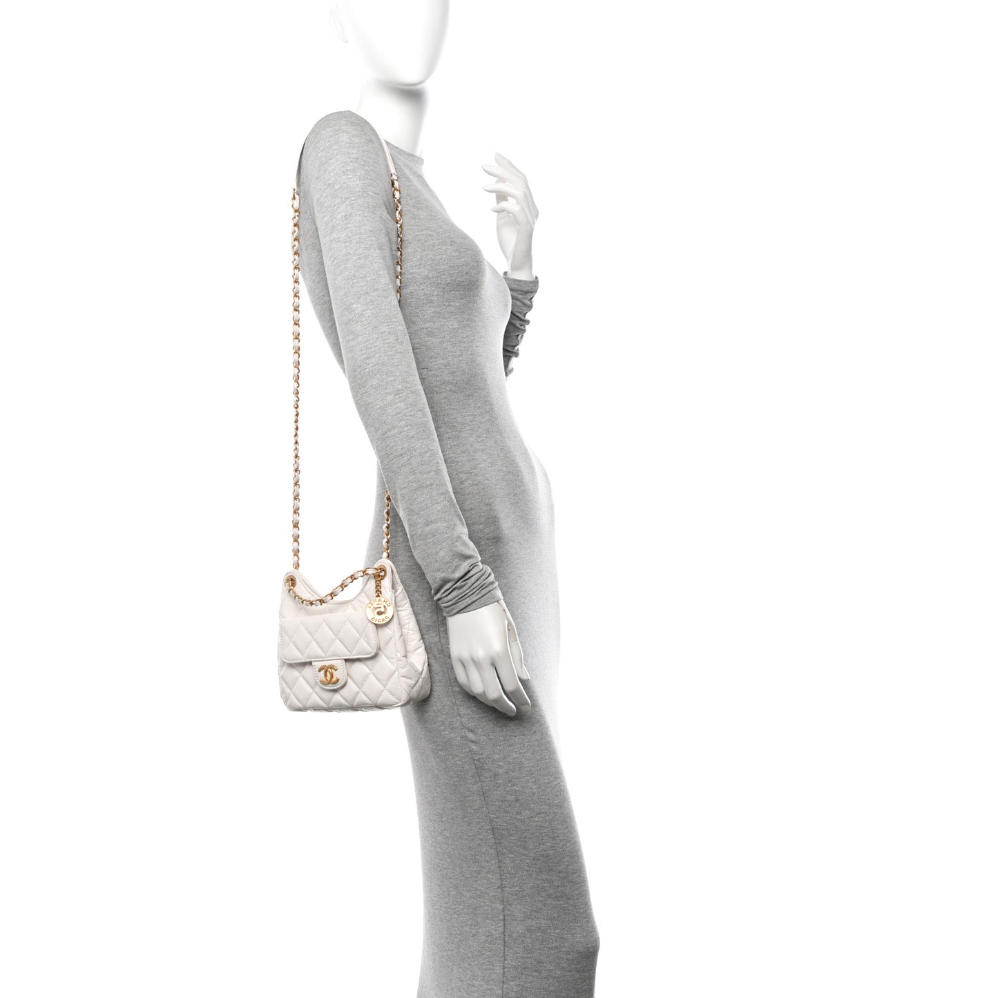Shiny Crumpled Calfskin Quilted Small Wavy CC Hobo White