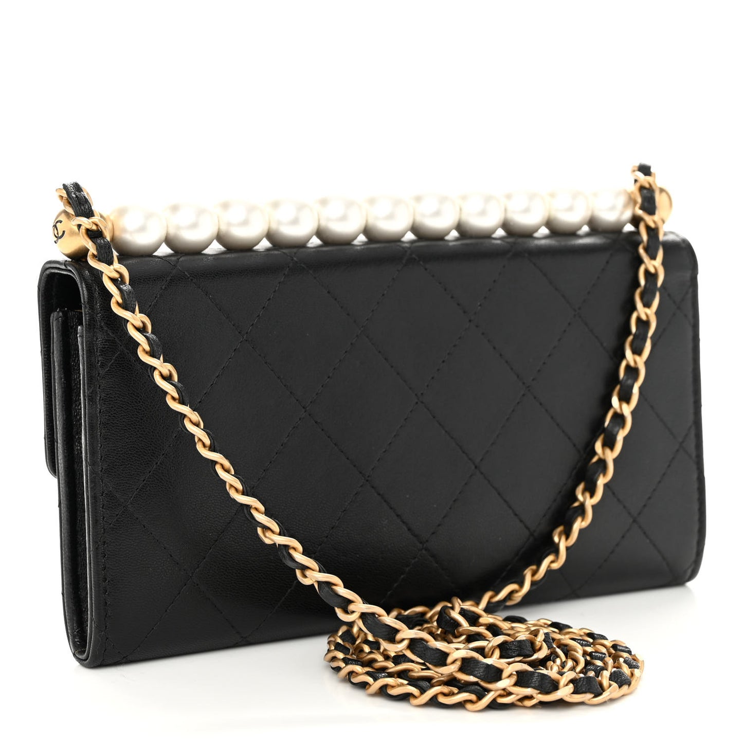 Lambskin Quilted Chic Pearls Clutch With Chain Black