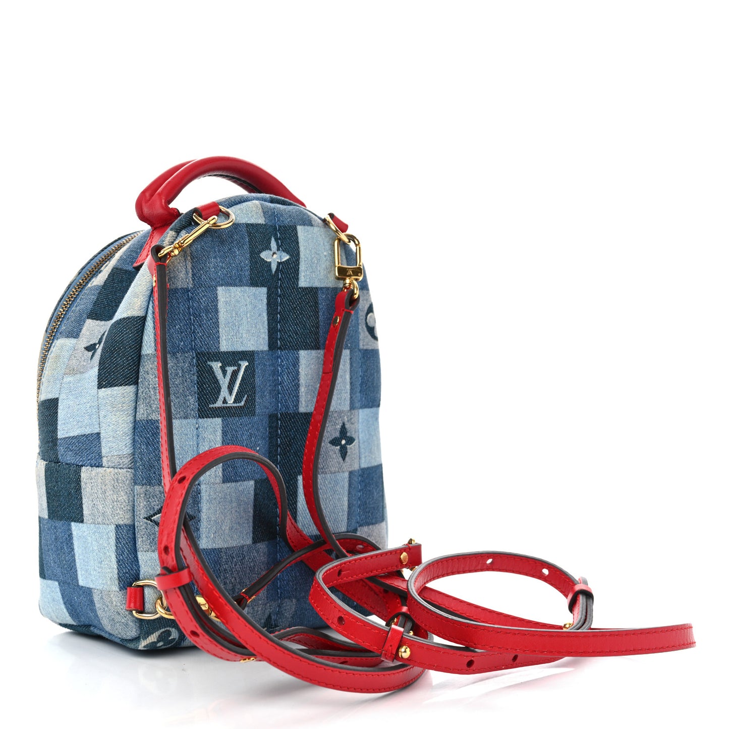 Denim Damier Monogram Patchwork Palm Springs Backpack Mini Blue Rouge