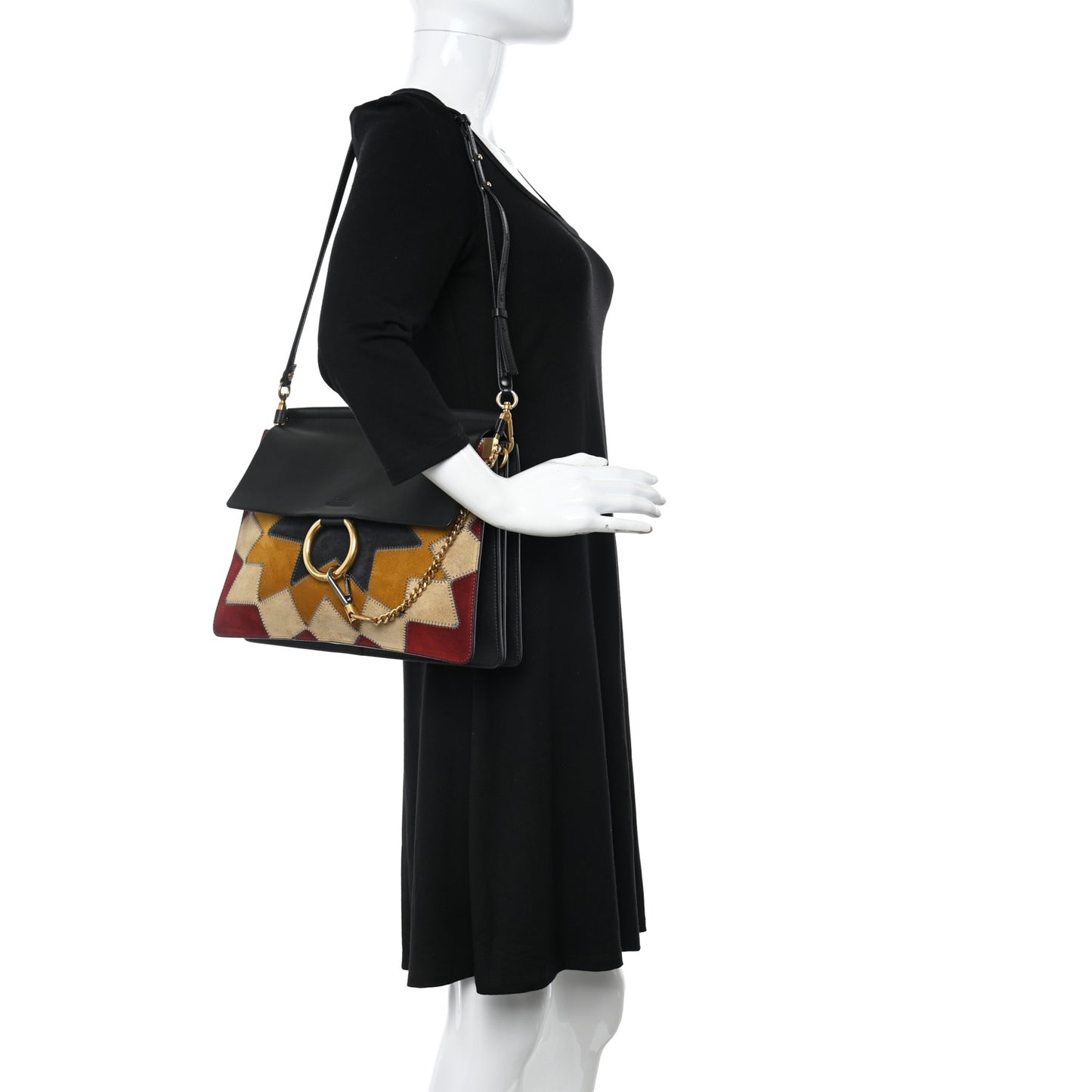 Suede Wonder Woman Patchwork Medium Faye Shoulder Bag Black
