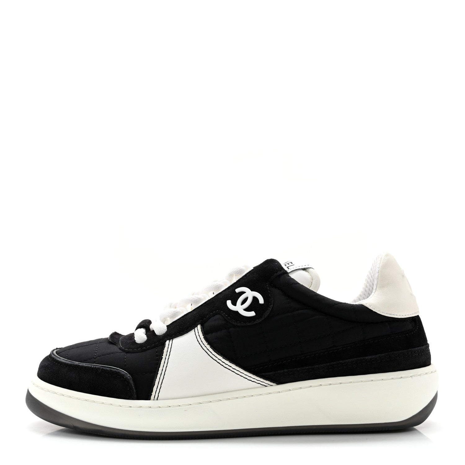 Chanel Suede Fabric Calfskin Womens CC Sneakers 35.5 Black White 1 of 12