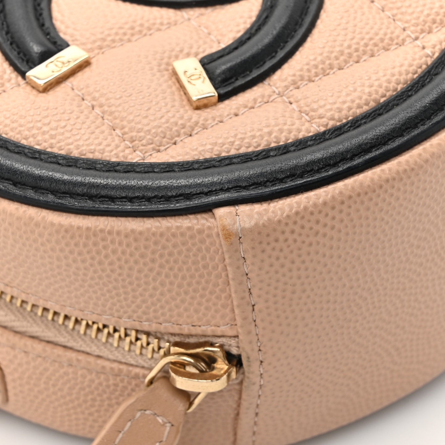 Caviar Quilted Round Filigree Crossbody Beige Black