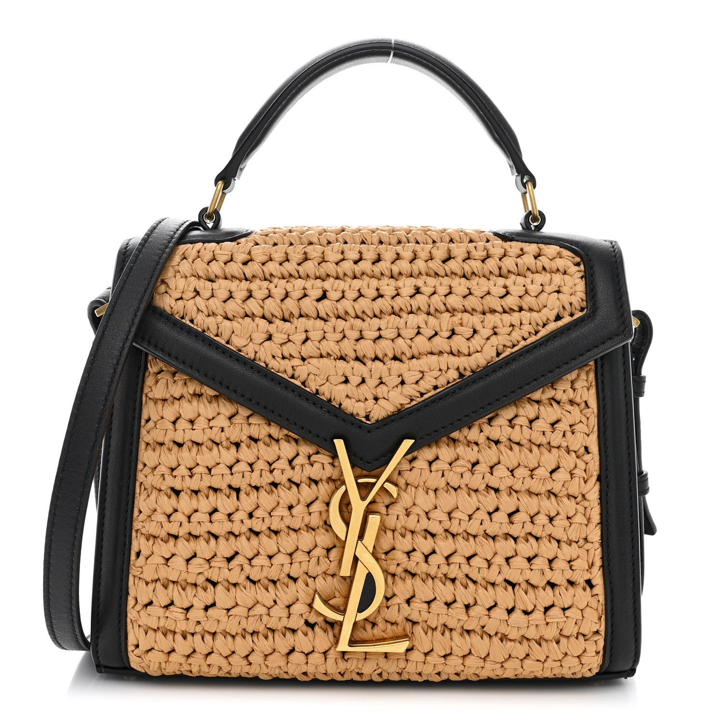 Raffia Calfskin Mini Classic Monogram Cassandra Top Handle Black Natural