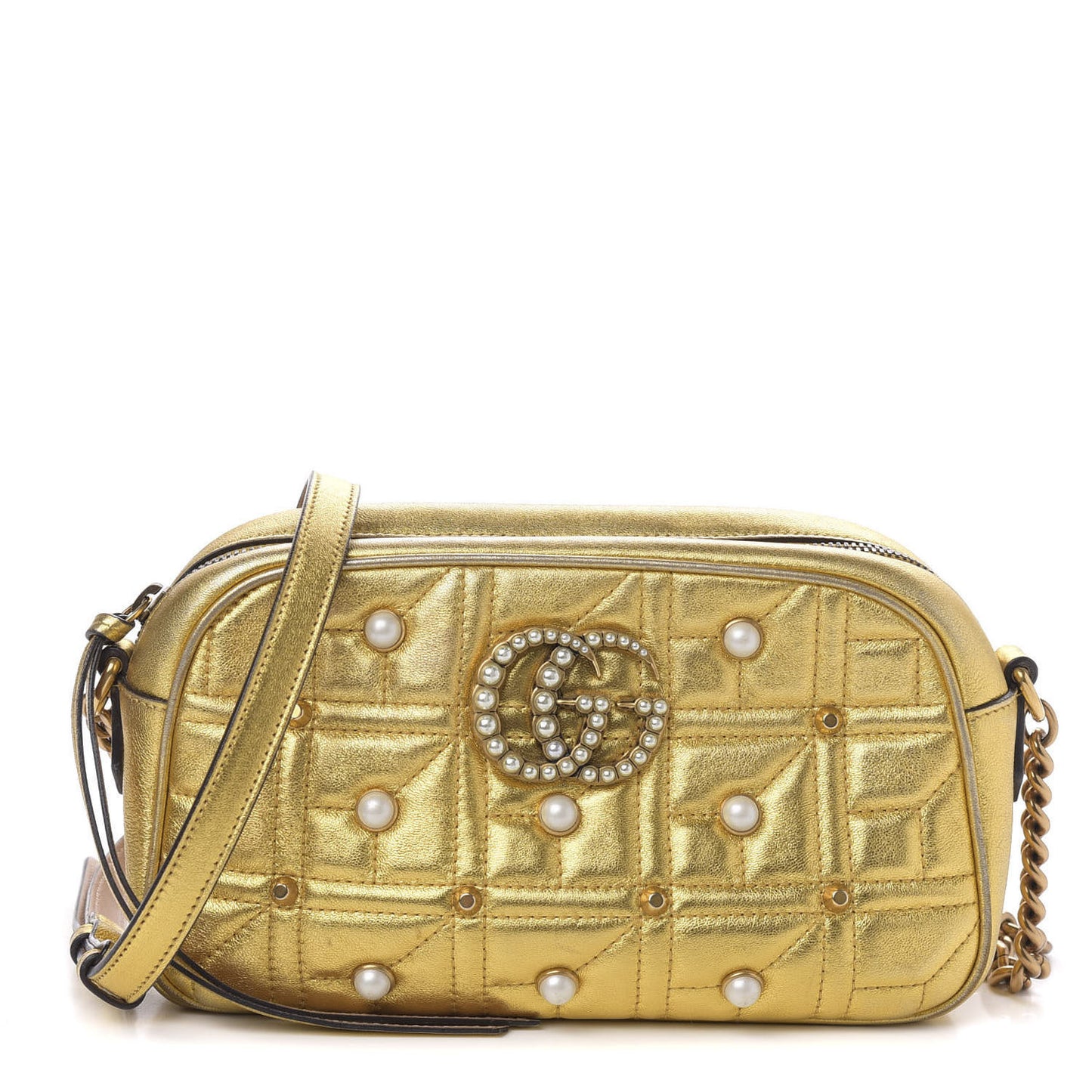Metallic Calfskin Matelasse Studded Small Pearly GG Marmont Chain Shoulder Bag Gold