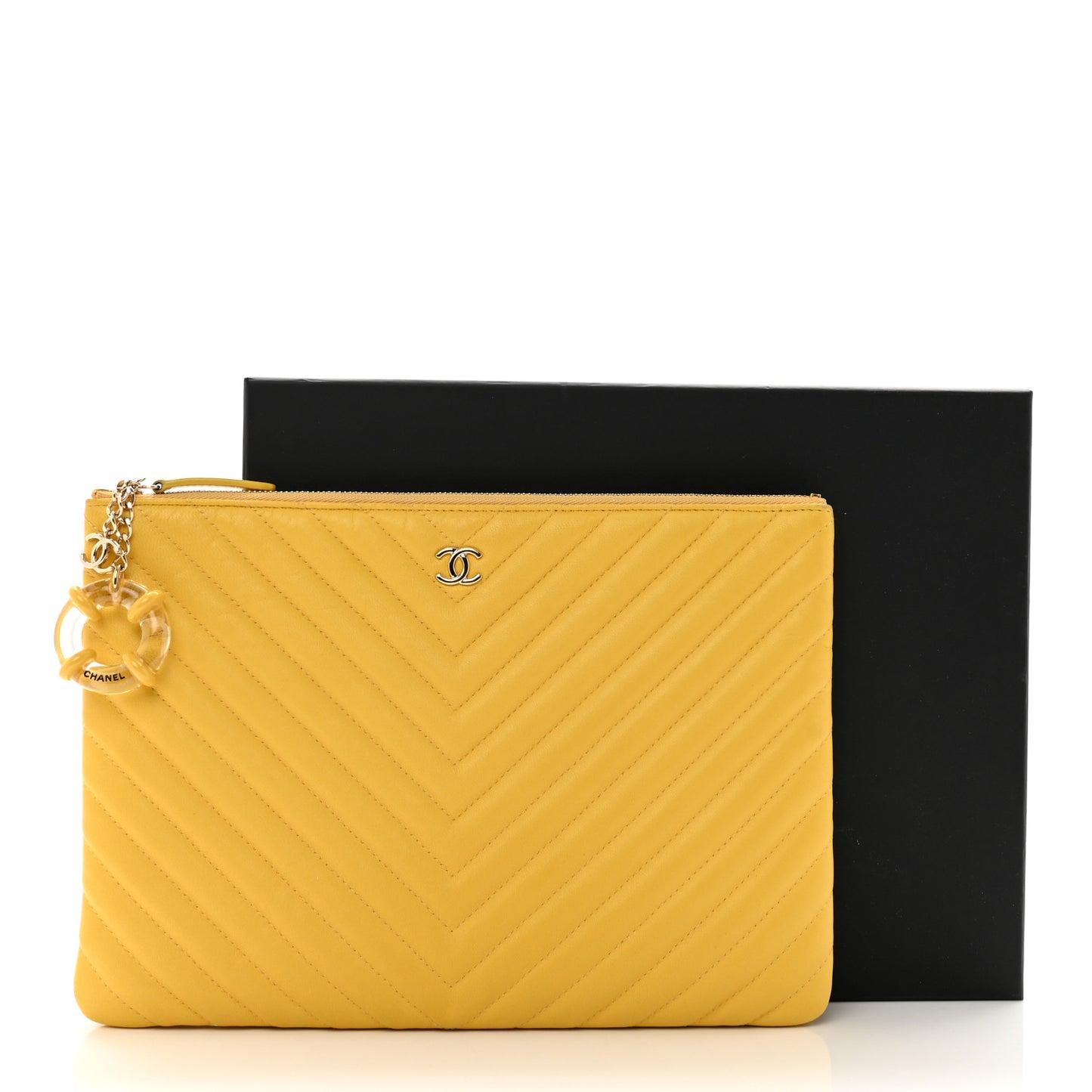 Lambskin Chevron Quilted Charms Medium Cosmetic Case Yellow