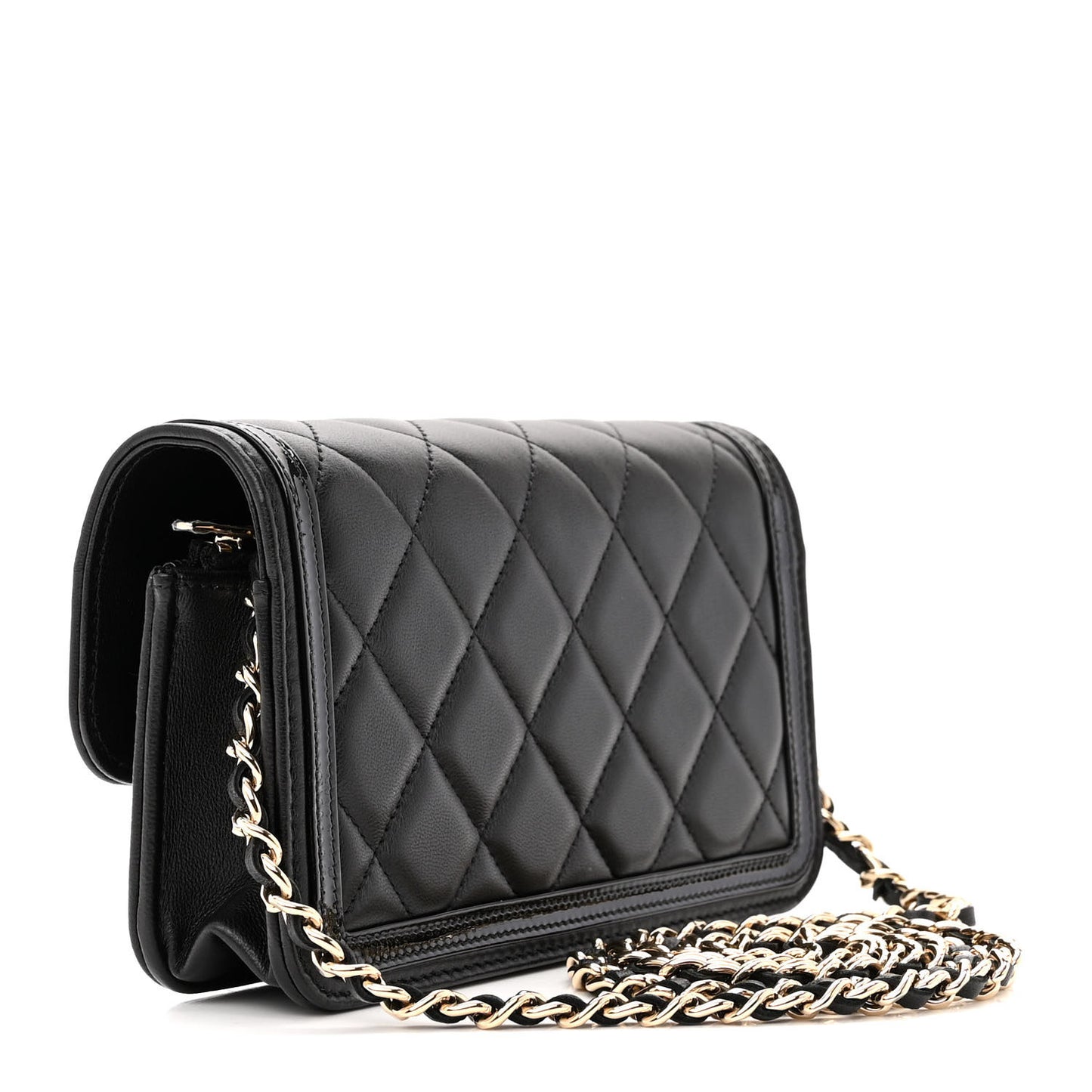 Lambskin Patent Calfskin Quilted Flap Phone Holder With Chain Black