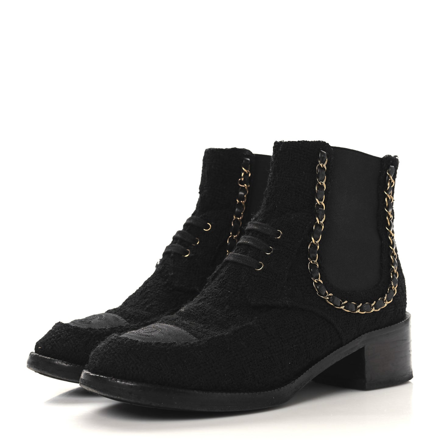 Tweed Calfskin Chain Lace Up Boots 37.5 Black