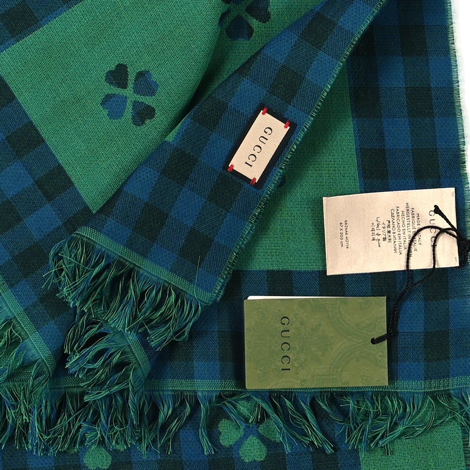 Gucci Cotton Woven Long Lucky Fringe Scarf Navy Light Green 3 of 3