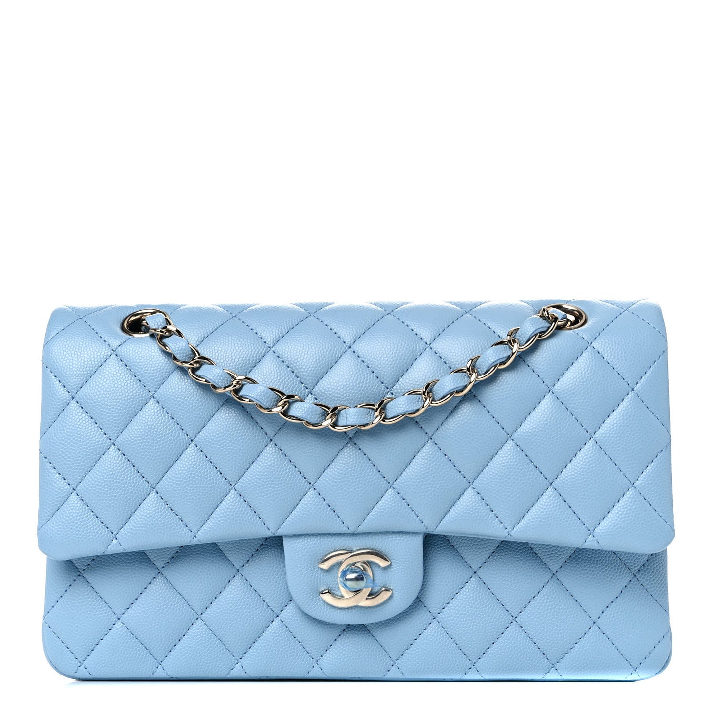 Caviar Quilted Medium Double Flap Light Blue