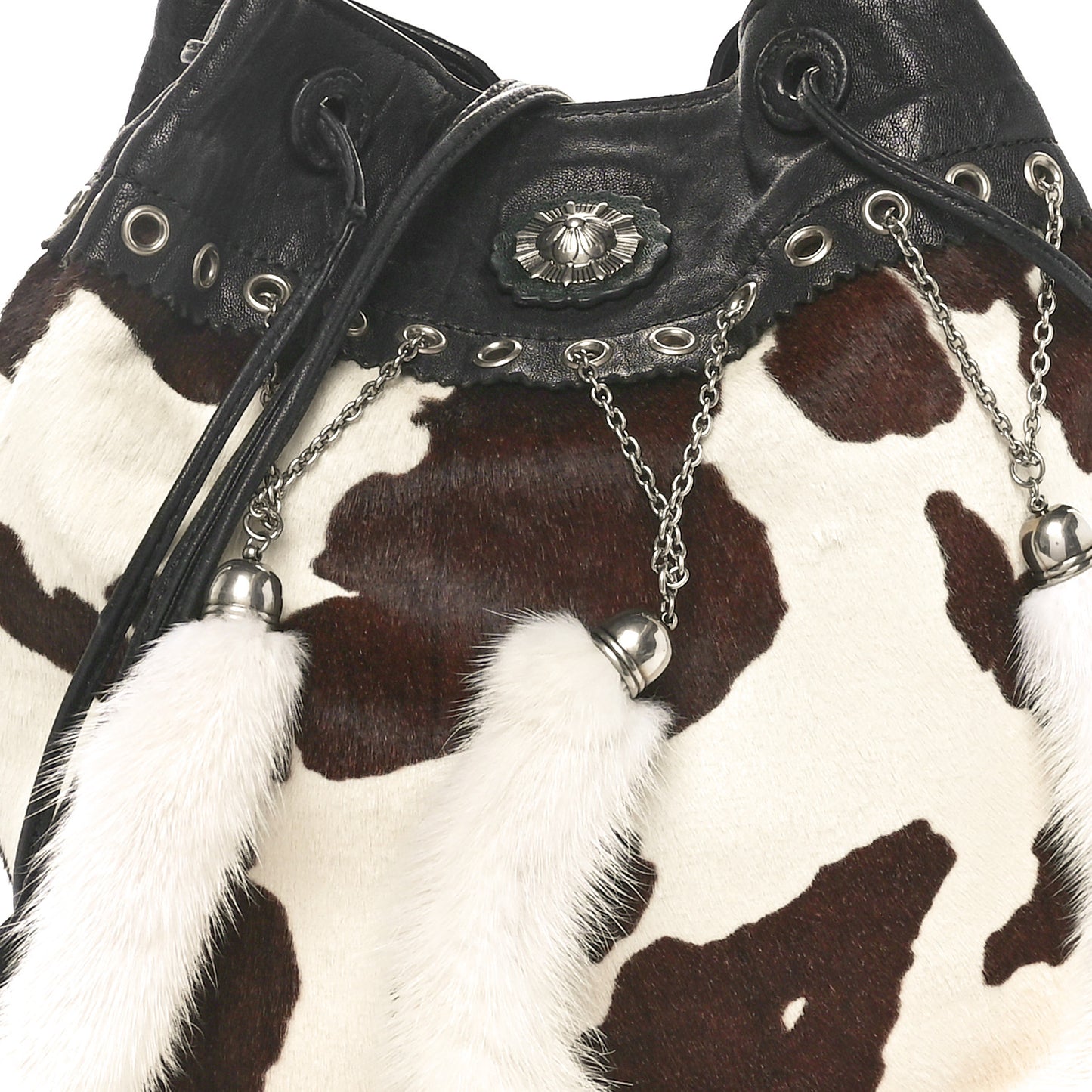 Lambkskin Mink Fur Pony Hair Drawstring Bag Black