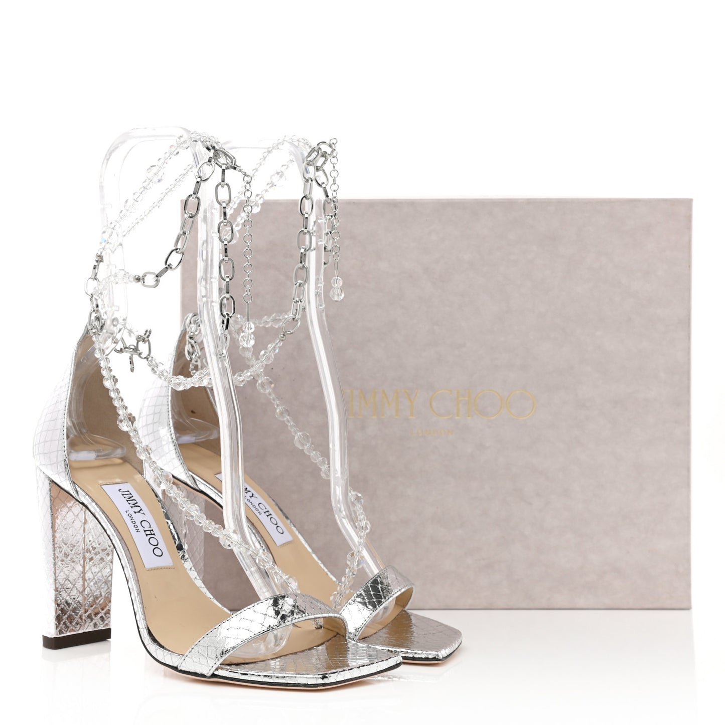 Metallic Nappa Snake Embossed Crystal Neena 100 High Heel Sandals 37 Silver