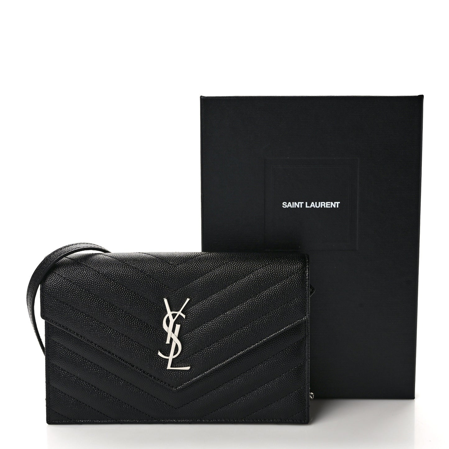 Grain De Poudre Matelasse Chevron Monogram Envelope Chain Wallet Black