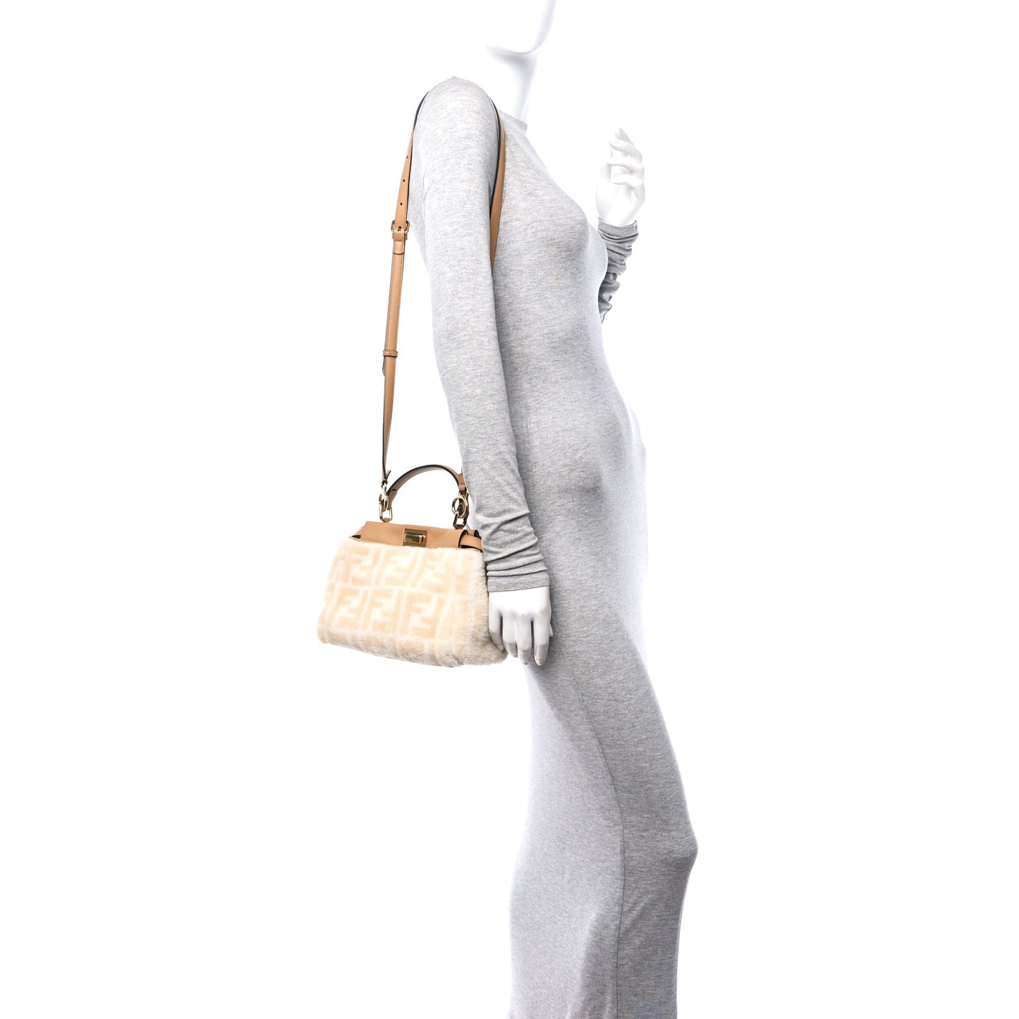 Shearling Nappa Macro FF 1974 Mini Peekaboo Iconic Satchel White Ice Cuoio Miele Scuro