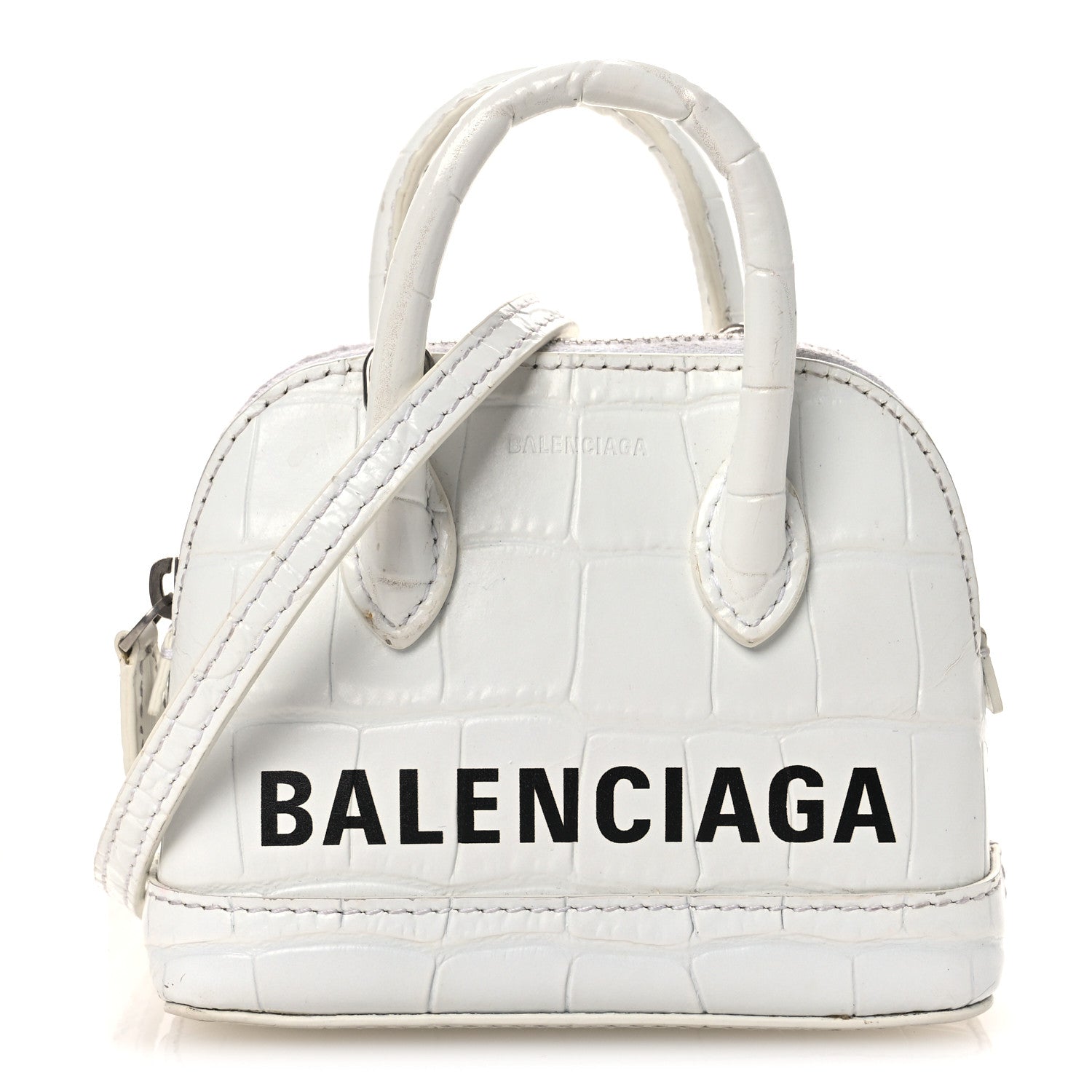 ホワイトクロコ柄BALENCIAGA Balenciaga Calfskin Logo Crocodile Embossed Mini Ville Top Handle