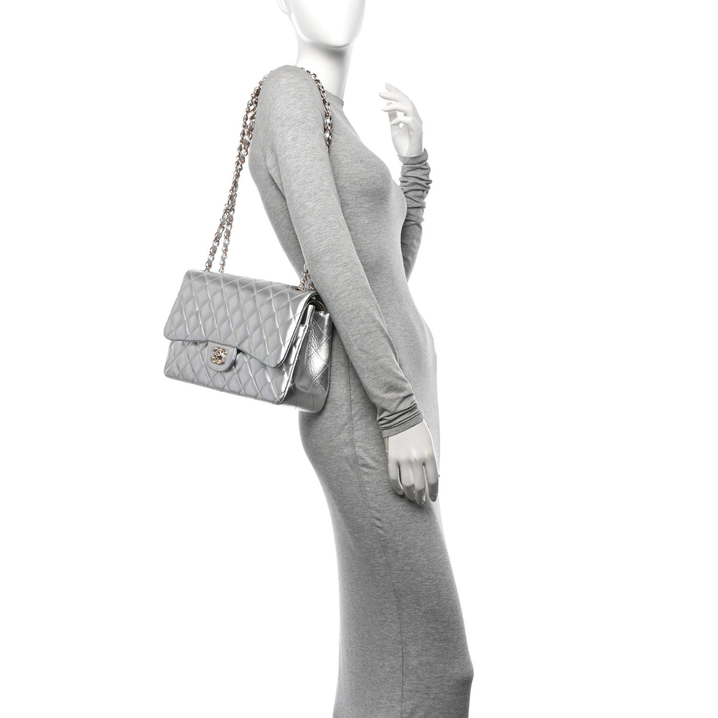 Metallic Lambskin Quilted Jumbo Double Flap Silver
